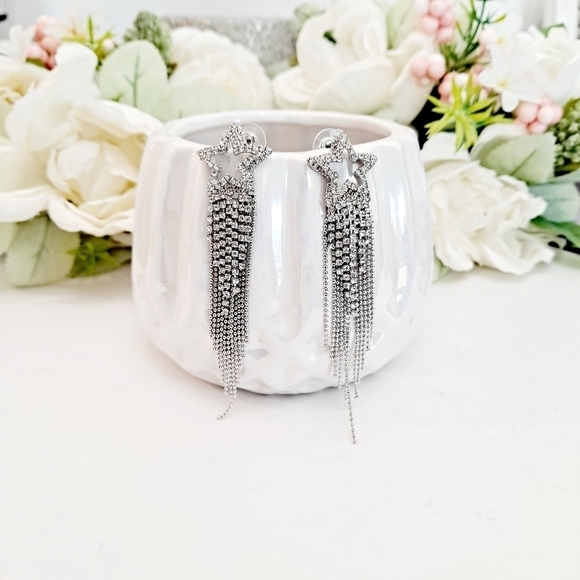 💖 Rhinestone Shooting stars tassel silver Statement formal dangle Earrings new - Picture 9 of 15